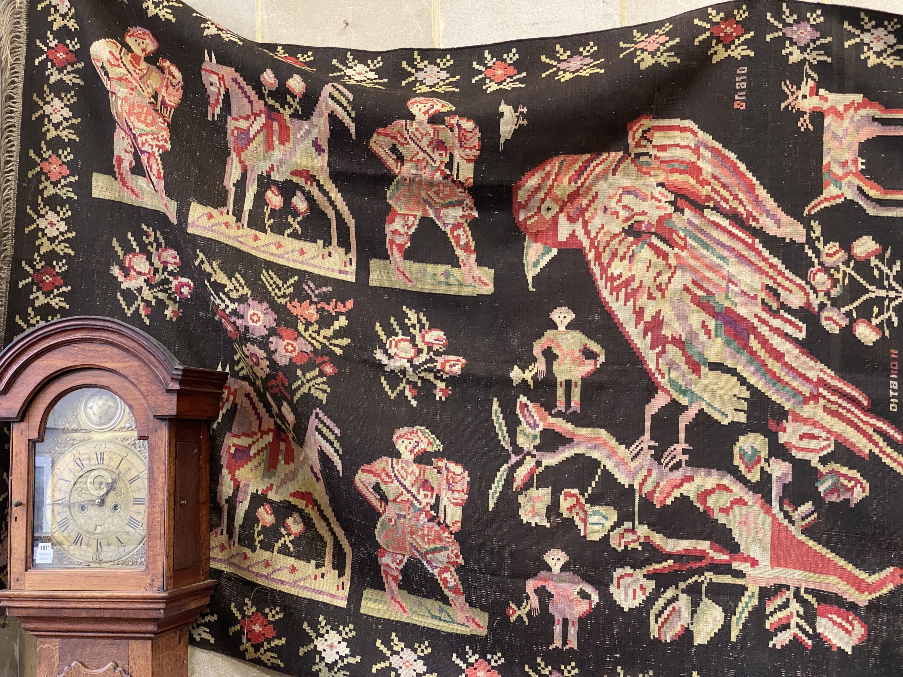 An antique Besbarabiam Kelim flatweave carpet woven with figures and birds, approx. 350 x 170cm